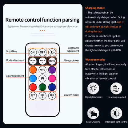 2026 New Solar Car Roof RGB Strobe Light with Remote Control, Waterproof Interior Car Lights 8 Colors Wireless LED Strobe Lights